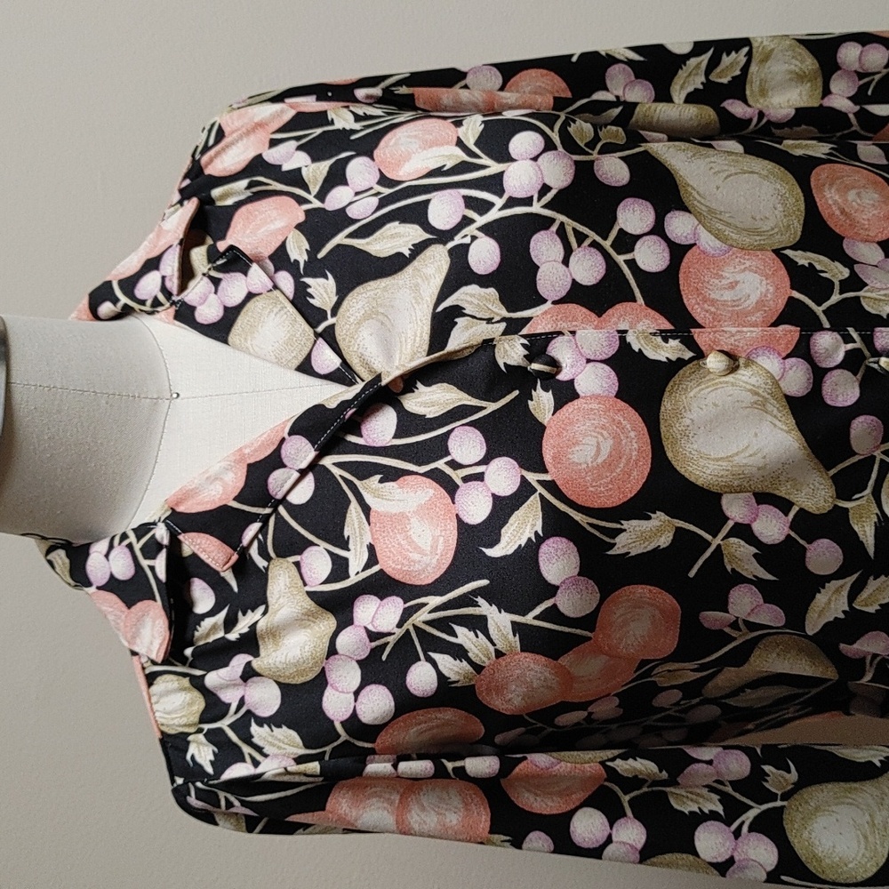 VTG 70s Nylon Button Down Shirt Size S Black with Green Mauve Purple Fruit